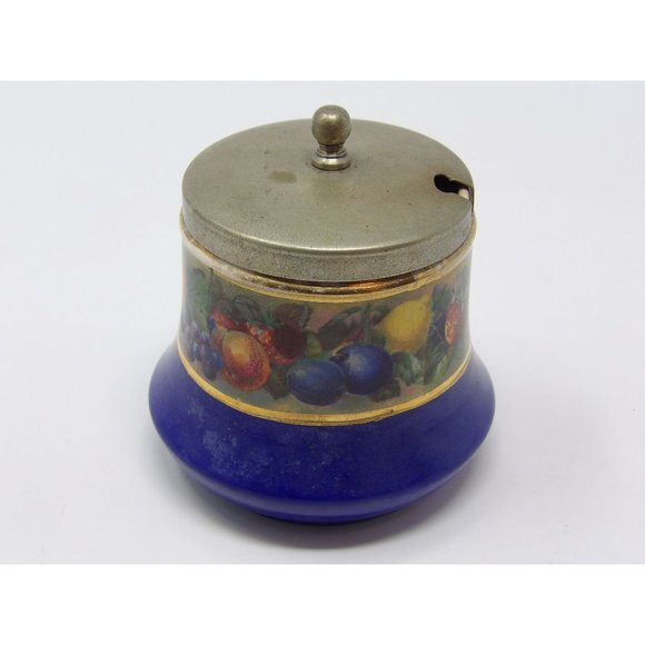 Meir Wade Staffordshire Porcelain Jam Jar Blue with Gold Trim Adorned with Fruit - Picture 6 of 10